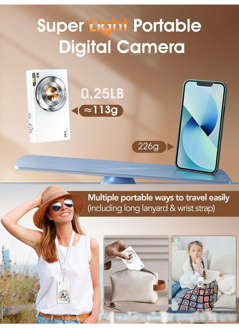 AMBERJACK Digital Camera Autofocus 4K Vlogging Camera for Photography with 32GB Card,48MP Portable Compact Point and Shoot Digital Camera for Teens Adult Beginner with 16X Zoom Anti Shake 2 Batteries(White)  - Image 3