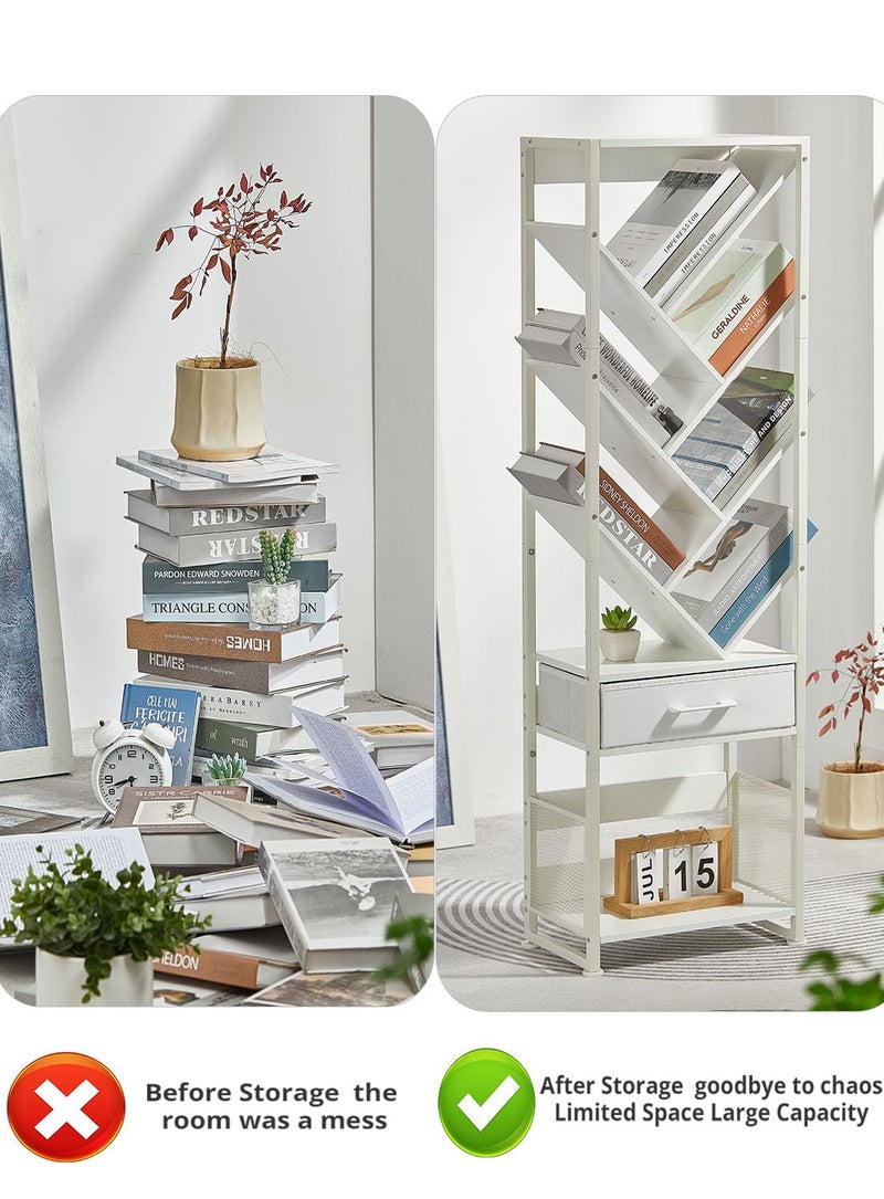 ZEXVIDA Bookshelf with Drawer,10 Tier Tree Bookcase Retro Floor Standing Bookshelves,Tall Wood Bookcases with Cabinet Storage Organizer for Living Room, Bedroom & Home Office, White - Image 4
