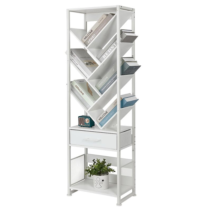 ZEXVIDA Bookshelf with Drawer,10 Tier Tree Bookcase Retro Floor Standing Bookshelves,Tall Wood Bookcases with Cabinet Storage Organizer for Living Room, Bedroom & Home Office, White - Image 1