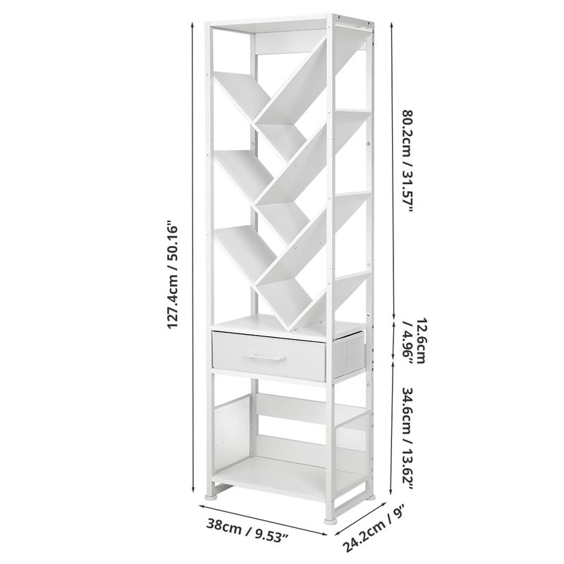 ZEXVIDA Bookshelf with Drawer,10 Tier Tree Bookcase Retro Floor Standing Bookshelves,Tall Wood Bookcases with Cabinet Storage Organizer for Living Room, Bedroom & Home Office, White - Image 2