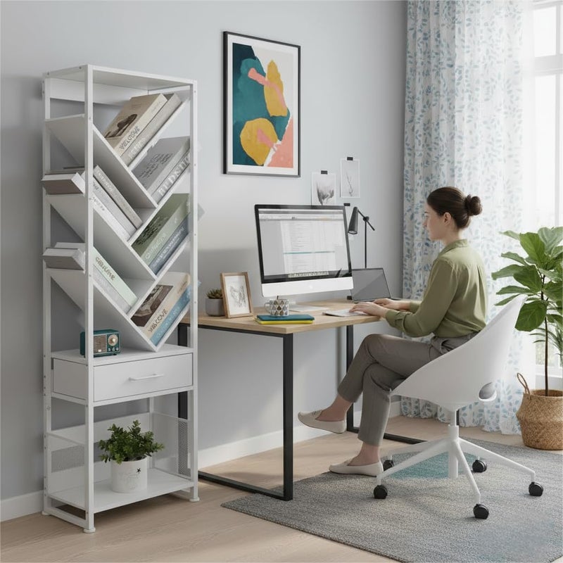 ZEXVIDA Bookshelf with Drawer,10 Tier Tree Bookcase Retro Floor Standing Bookshelves,Tall Wood Bookcases with Cabinet Storage Organizer for Living Room, Bedroom & Home Office, White - Image 5