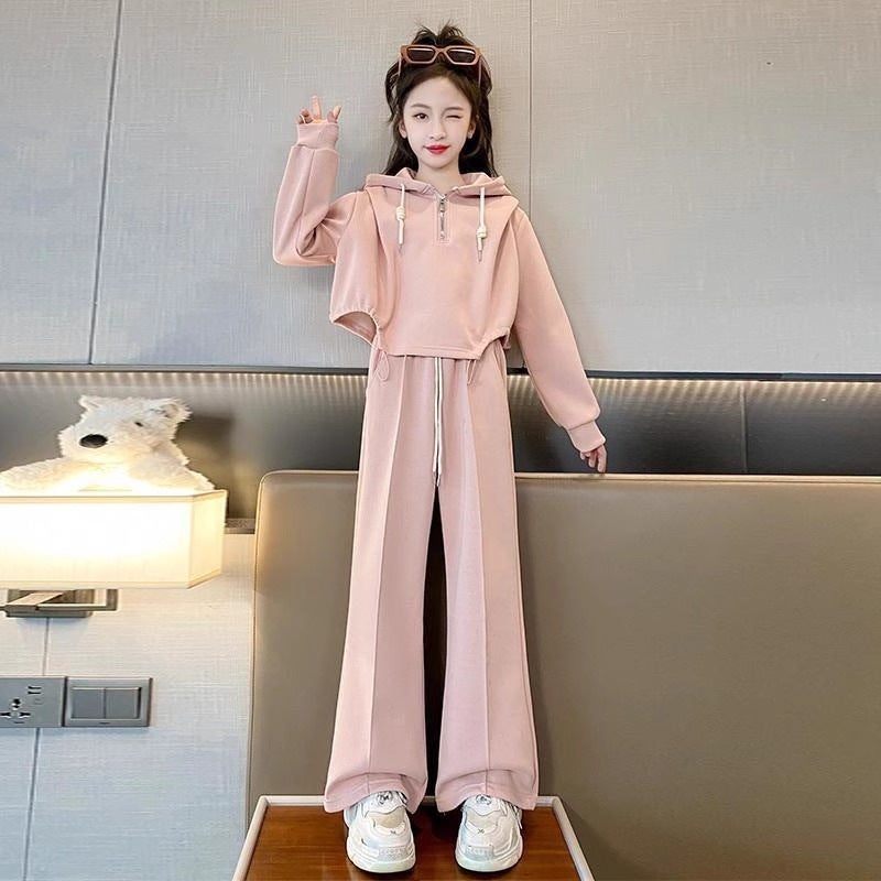 Girls suit Spring and Autumn Sweatshirt Girls Stylish Straight Leg Wide Leg Pants Childrens Autumn Korean Fan Two-piece Set Pink suit
