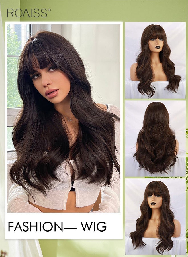 roaiss شعر مستعار بني طويل مموج مع غرة للنساء، شعر مستعار صناعي ناعم طبيعي مقاوم للحرارة لحفلات الزفاف والارتداء اليومي، 66 سم - Image 1
