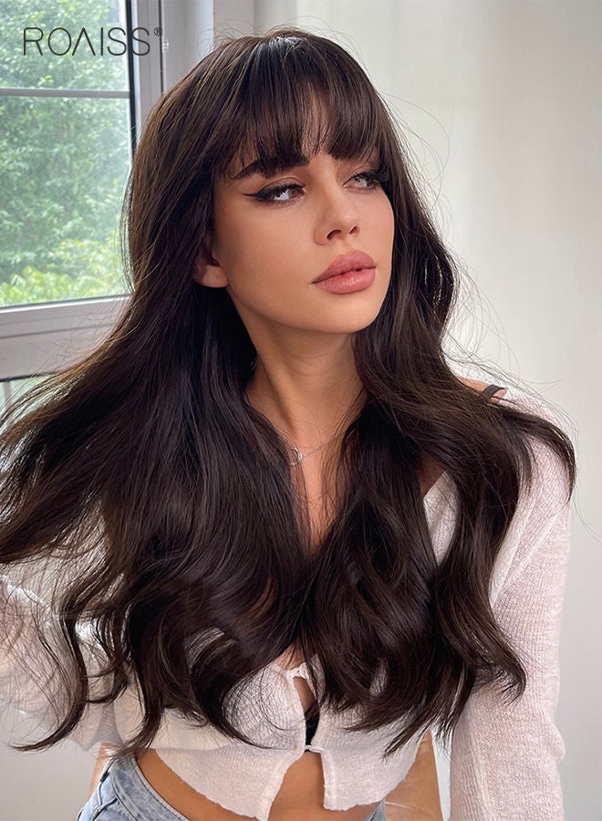 roaiss شعر مستعار بني طويل مموج مع غرة للنساء، شعر مستعار صناعي ناعم طبيعي مقاوم للحرارة لحفلات الزفاف والارتداء اليومي، 66 سم - Image 2