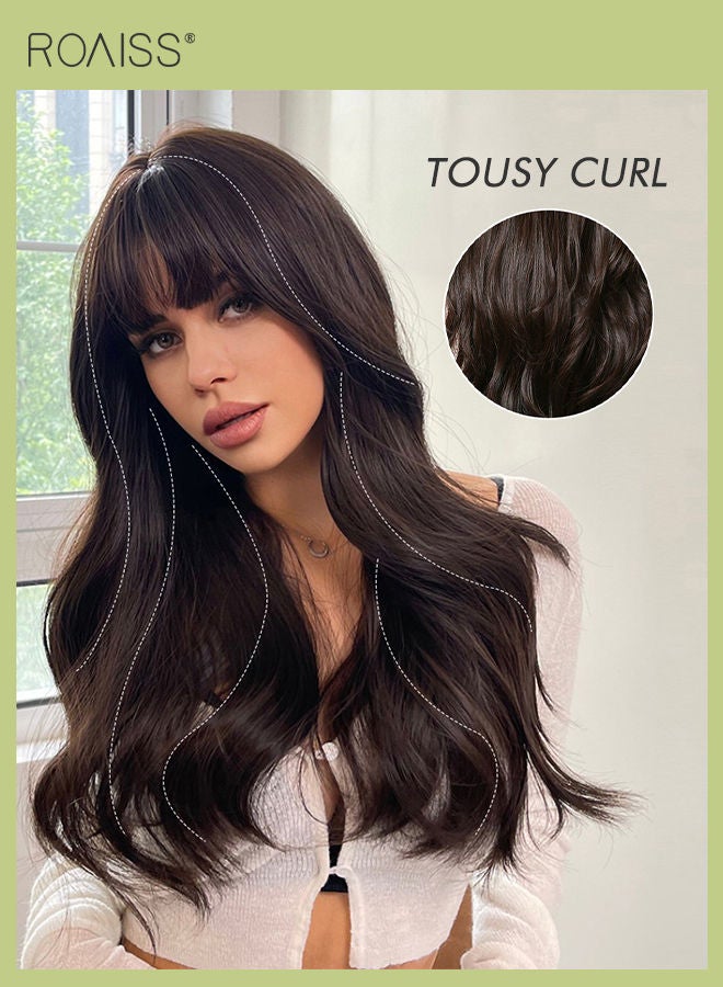 roaiss شعر مستعار بني طويل مموج مع غرة للنساء، شعر مستعار صناعي ناعم طبيعي مقاوم للحرارة لحفلات الزفاف والارتداء اليومي، 66 سم - Image 4