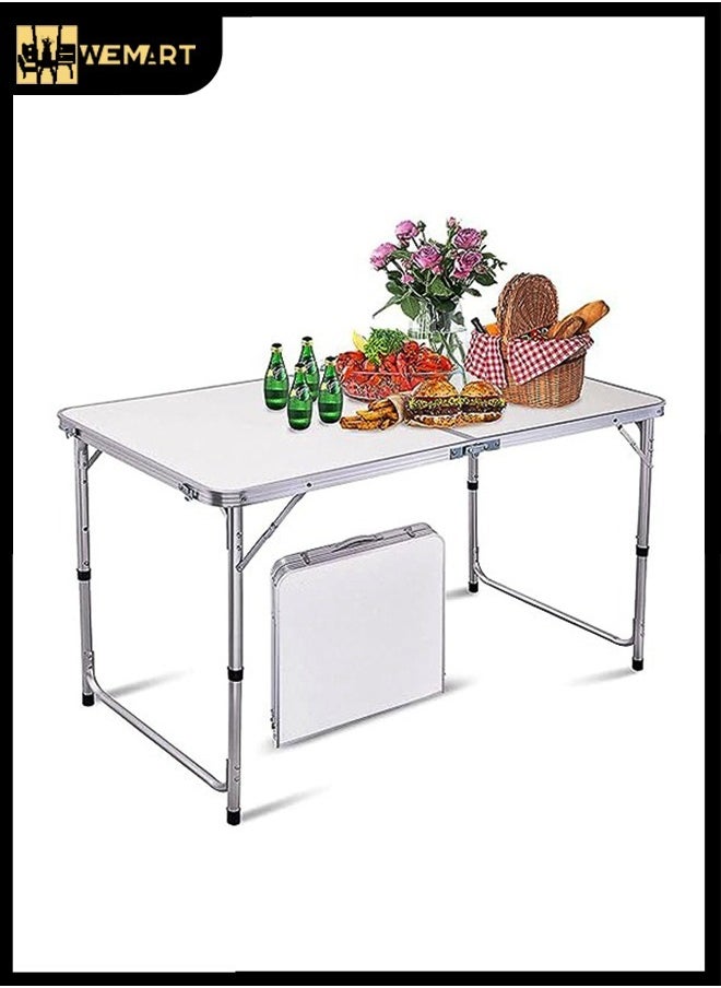 WEMART Folding Table, 1.2M Folding Picnic Table, Aluminum Portable Camping Table with Handle, Adjustable Height Plastic Table for Picnic, Party, BBQ (White)  - Image 1
