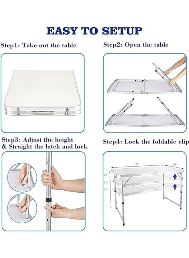 WEMART - Folding Table, 1.2M Folding Picnic Table, Aluminum Portable Camping Table with Handle, Adjustable Height Plastic Table for Picnic, Party, BBQ (White) - Image 1