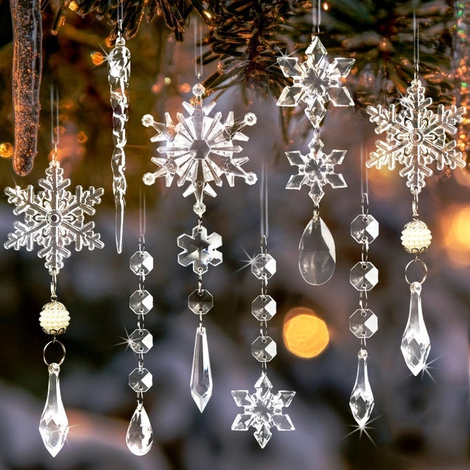 CHRISTMAS TREE DECORATION CRYSTAL ORNAMENTS 48PCS ACRYLIC CHRISTMAS ORNAMENTS SNOWFLAKE ICICLE DROP CRYSTAL HANGING ORNAMENTS FOR XMAS TREE WINTER HOLIDAY FROZEN PARTY DECORATIONS