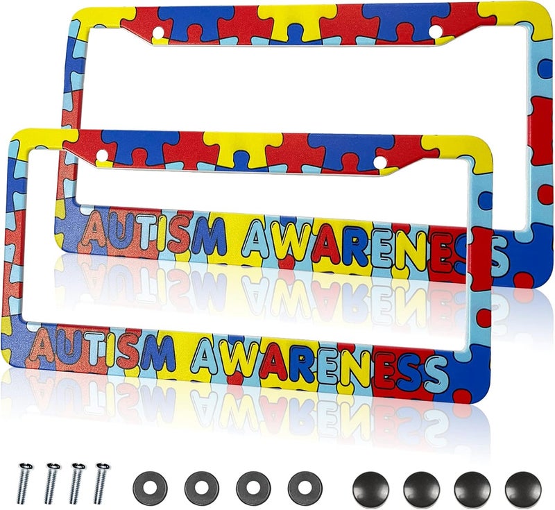 ARESD Autism Awareness License Plate Frames - Colorful Puzzle Design, 2 Pack - Image 1
