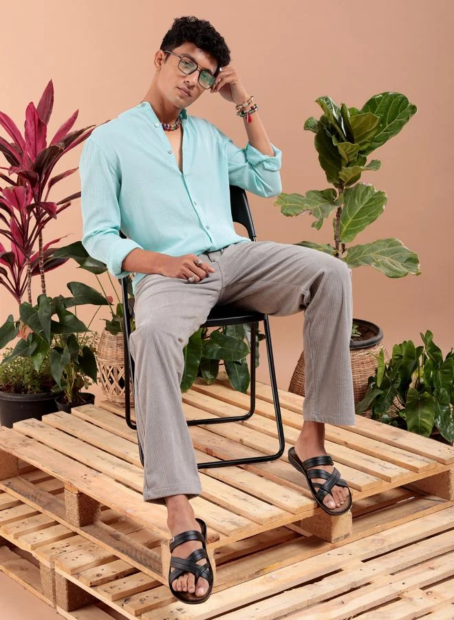 The Indian Garage Co Men Slim Fit Solid Full Sleeves Mandarin Collar Resort Wear Shirt