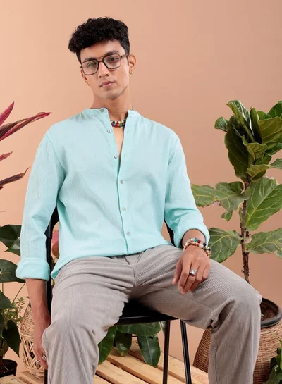 The Indian Garage Co Men Slim Fit Solid Full Sleeves Mandarin Collar Resort Wear Shirt