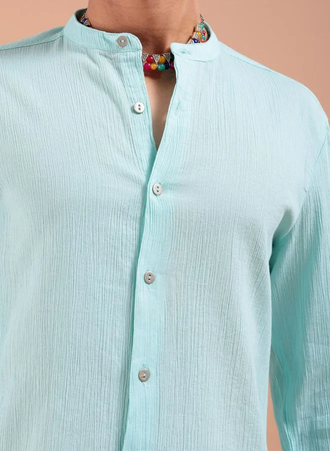 The Indian Garage Co Men Slim Fit Solid Full Sleeves Mandarin Collar Resort Wear Shirt