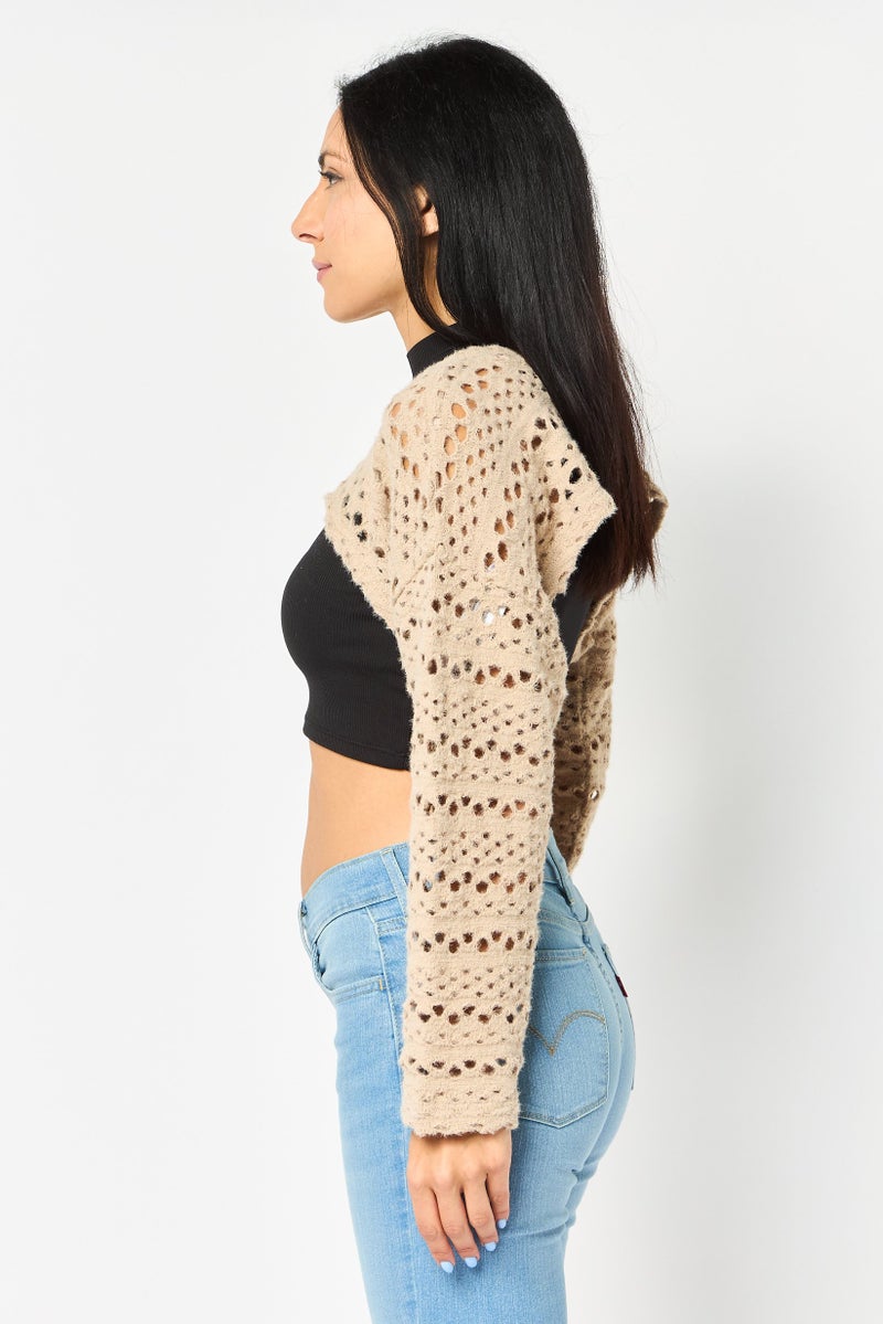 Bershka Women Long Sleeve Eyelet Crop Cardigan, Taupe - Image 4