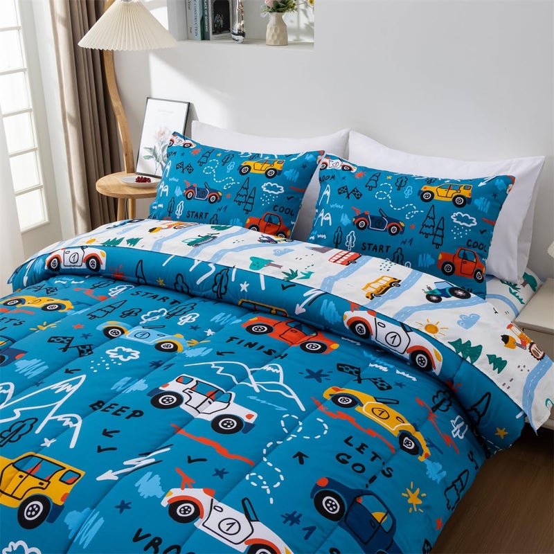 NTBED 5 Pieces Racing Cars Comforter Set Twin for Boys Kids Bed in a Bag Vehicles Transportation Lightweight Microfiber Bedding Sets,Blue - Image 3