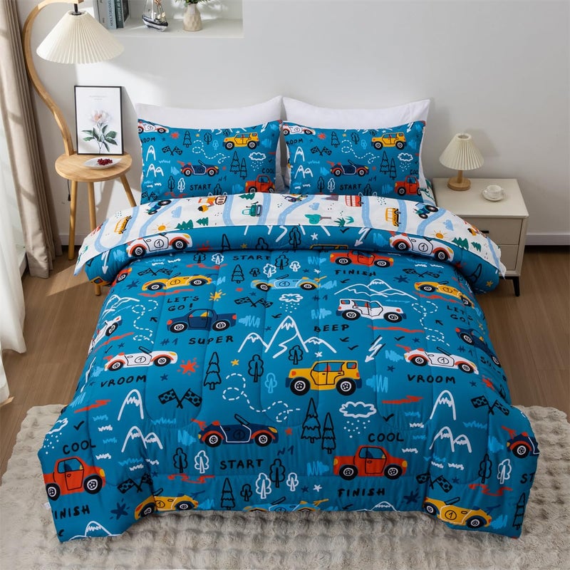 NTBED 5 Pieces Racing Cars Comforter Set Twin for Boys Kids Bed in a Bag Vehicles Transportation Lightweight Microfiber Bedding Sets,Blue - Image 2