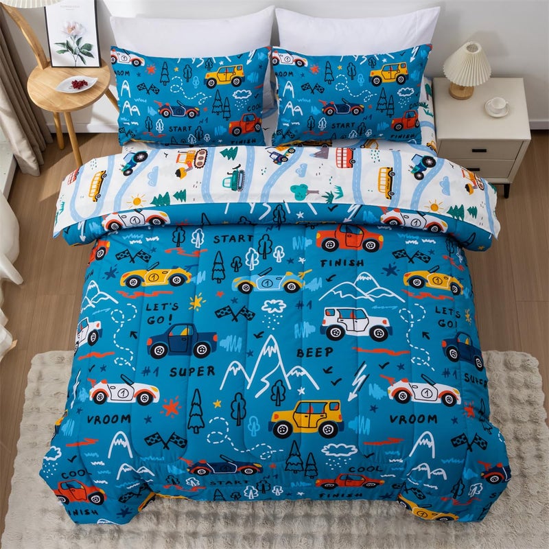 NTBED 5 Pieces Racing Cars Comforter Set Twin for Boys Kids Bed in a Bag Vehicles Transportation Lightweight Microfiber Bedding Sets,Blue - Image 1