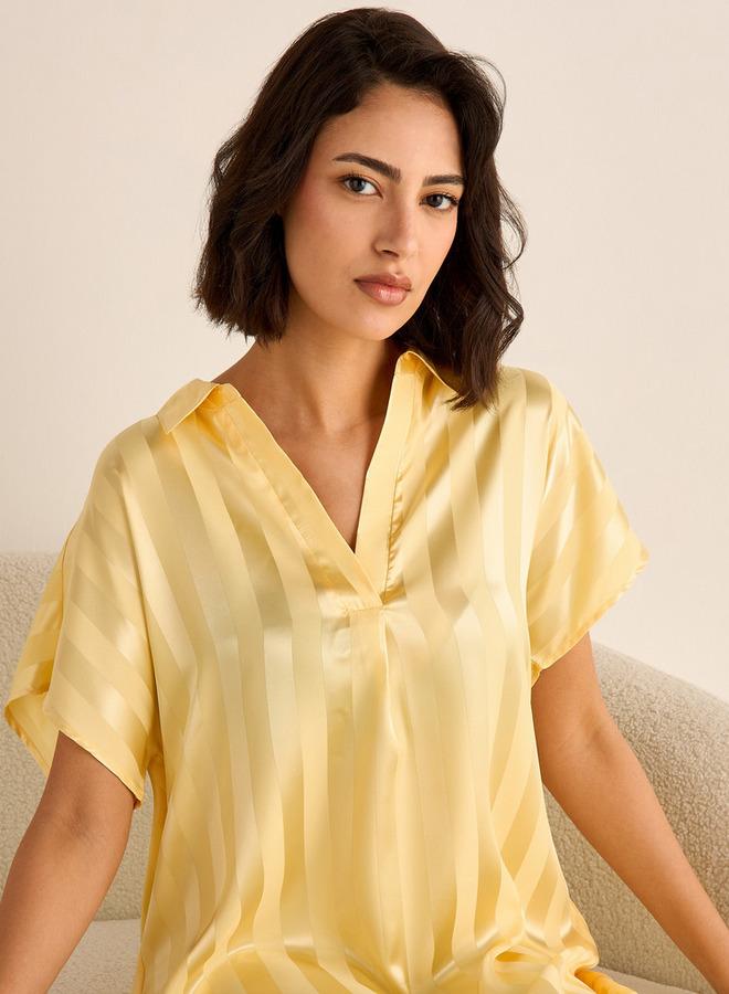 سبلاش فيڤ فستان نوم جاكار مخطط بياقة وأكمام قصيرة - Image 3