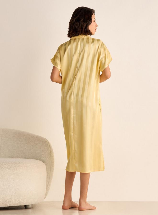 سبلاش فيڤ فستان نوم جاكار مخطط بياقة وأكمام قصيرة - Image 2