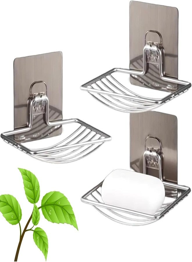 HEMIRA 3 Pcs Soap Holder Set for Bathroom & Kitchen Sink | Self Adhesive Wall Mounted Soap Dish Stand | Stainless Steel Silver Chrome Waterproof Self Draining Rack with Magic Sticker (Pack of 3) - Image 1