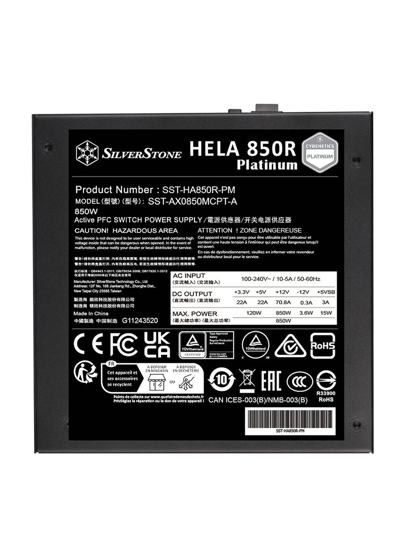 SilverStone - Hela 850R Fully Modular ATX Power Supply, Cybenetics Platinum, 850W Max Output Power, Gen5 12VHPWR PCIe Connector, 135mm Silent FDB Fan, Active PFC, Black | SST-HA850R-PM - Image 1