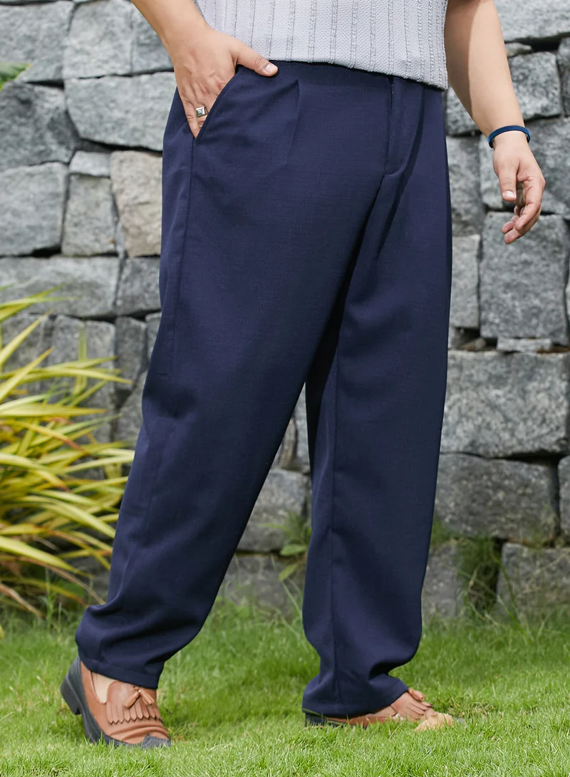 Instafab Plus Instafab Plus Men's Prussian Blue Tailored Linen-Blend Trousers For Casual Wear | Mid-Rise | Regular Fit | Drawstring Closure | Plus Size Trousers Crafted With Comfort Fit For Everyday Wear
