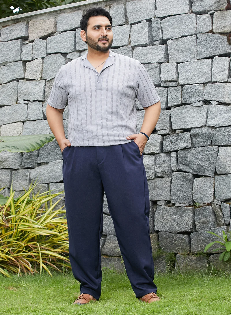 Instafab Plus Instafab Plus Men's Prussian Blue Tailored Linen-Blend Trousers For Casual Wear | Mid-Rise | Regular Fit | Drawstring Closure | Plus Size Trousers Crafted With Comfort Fit For Everyday Wear