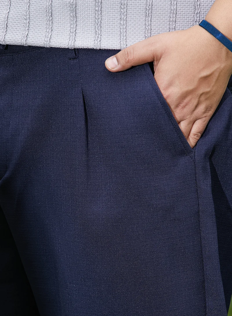 Instafab Plus Instafab Plus Men's Prussian Blue Tailored Linen-Blend Trousers For Casual Wear | Mid-Rise | Regular Fit | Drawstring Closure | Plus Size Trousers Crafted With Comfort Fit For Everyday Wear