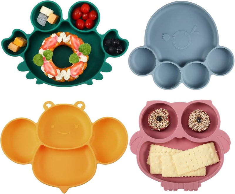 Maxdot 4 Pcs Silicone Baby Plates Toddler Suction Plates Divided Baby Dishes Cute Animal Kids Plates for Toddlers Baby Feeding Eating Supplies Microwave and Dishwasher Safe Multi ColorsCute - Image 1
