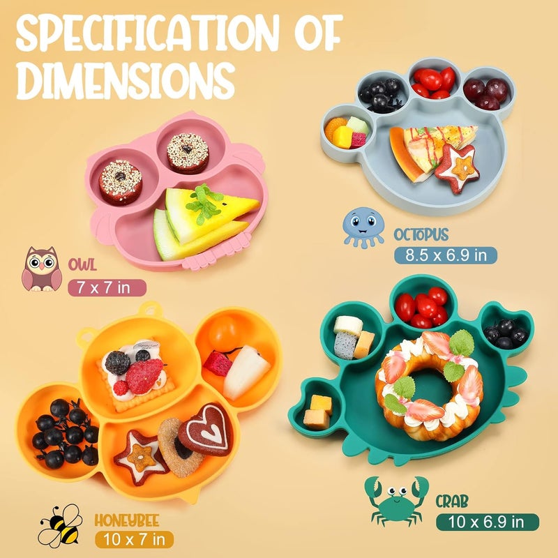 Maxdot 4 Pcs Silicone Baby Plates Toddler Suction Plates Divided Baby Dishes Cute Animal Kids Plates for Toddlers Baby Feeding Eating Supplies Microwave and Dishwasher Safe Multi ColorsCute - Image 2