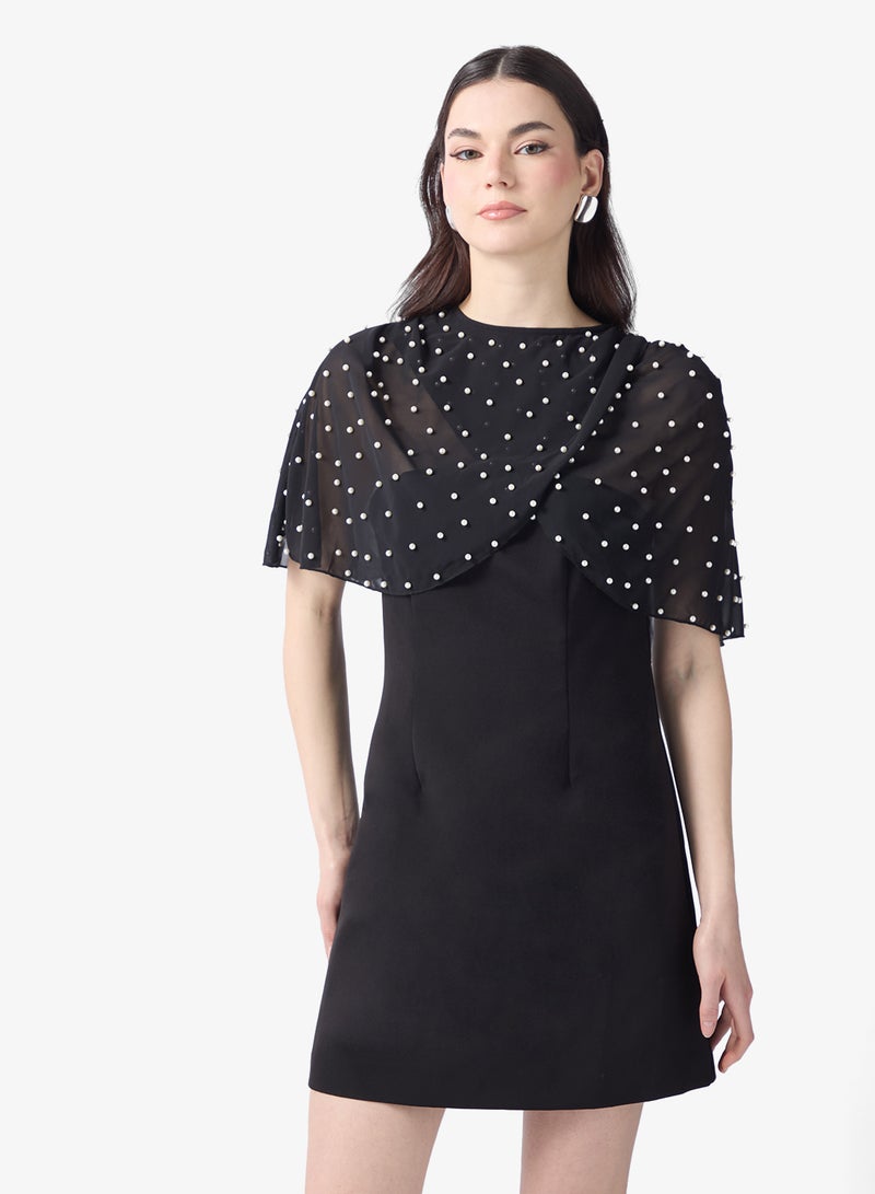 Style Cheat Mesh Detail Drape Sleeve Mini Dress - Image 1