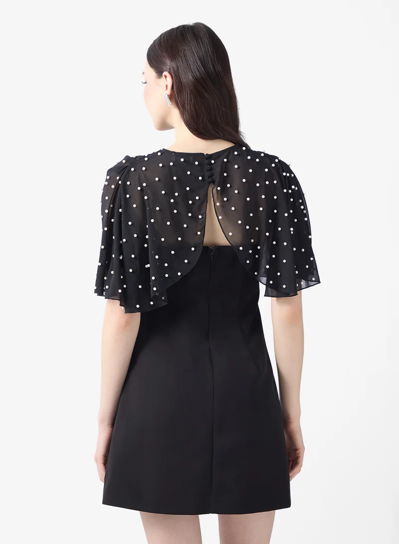 Style Cheat Mesh Detail Drape Sleeve Mini Dress