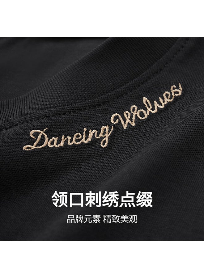 DANCING WOLVES Dancing With Wolves Embroidered Collar Long-staple Cotton Inner Layer Men's Long Sleeve T-shirt 001 Black 2XL - Image 2
