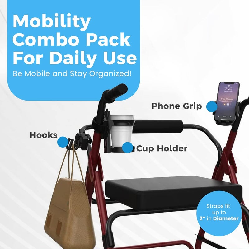 Mobility Combo Pack - Cup Holder, Phone Holder and Hooks for Walkers, Wheelchairs and Strollers - Image 2
