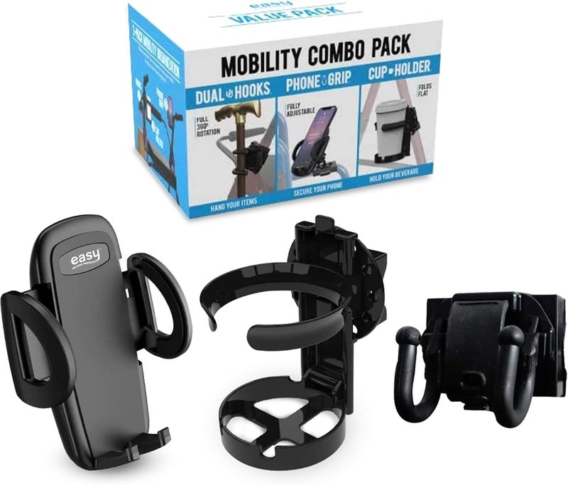 Mobility Combo Pack - Cup Holder, Phone Holder and Hooks for Walkers, Wheelchairs and Strollers - Image 1