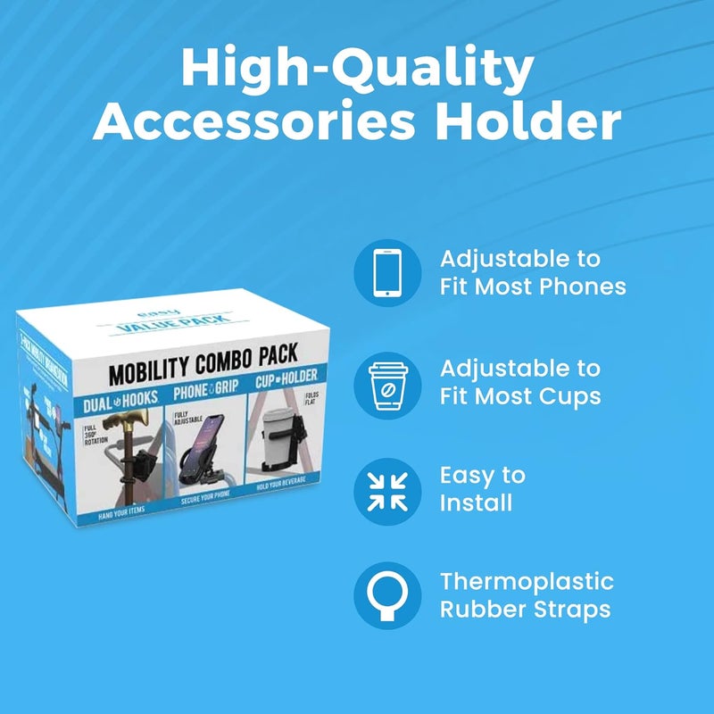 Mobility Combo Pack - Cup Holder, Phone Holder and Hooks for Walkers, Wheelchairs and Strollers - Image 5