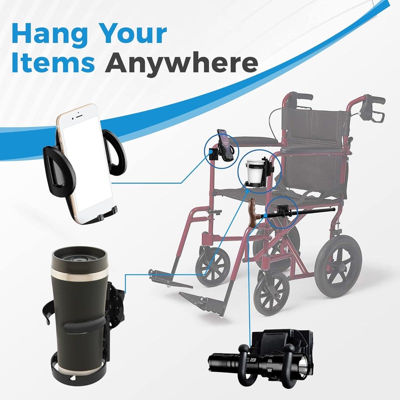 Mobility Combo Pack - Cup Holder, Phone Holder and Hooks for Walkers, Wheelchairs and Strollers - Image 4