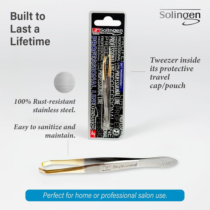 solingen Tweezers for Eyebrows | Slanted Tip | Professional Stainless Steel |Slanted Tip Tweezers | Best Shaped for Eyebrows Extensions Chin Cheek Face Facial Hair | Made in Germany (Nickel-Gold) - Image 2