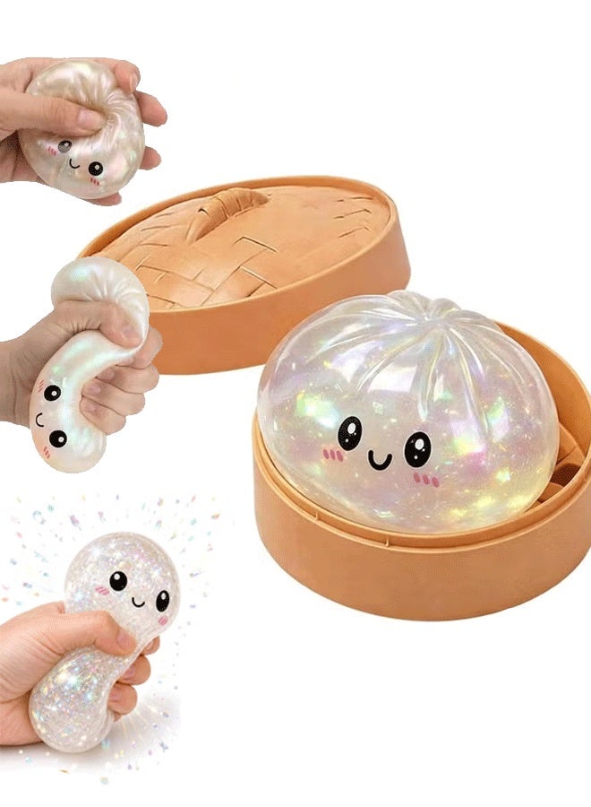 DAEVO Dumpling Squishes Stress Balls with Steamer, Cute Anxiety Relief Toy, Soft Squeeze Decompression Dough for Adults, Simulation Food Squishies Bun (Golden, 1pcs) - Image 1