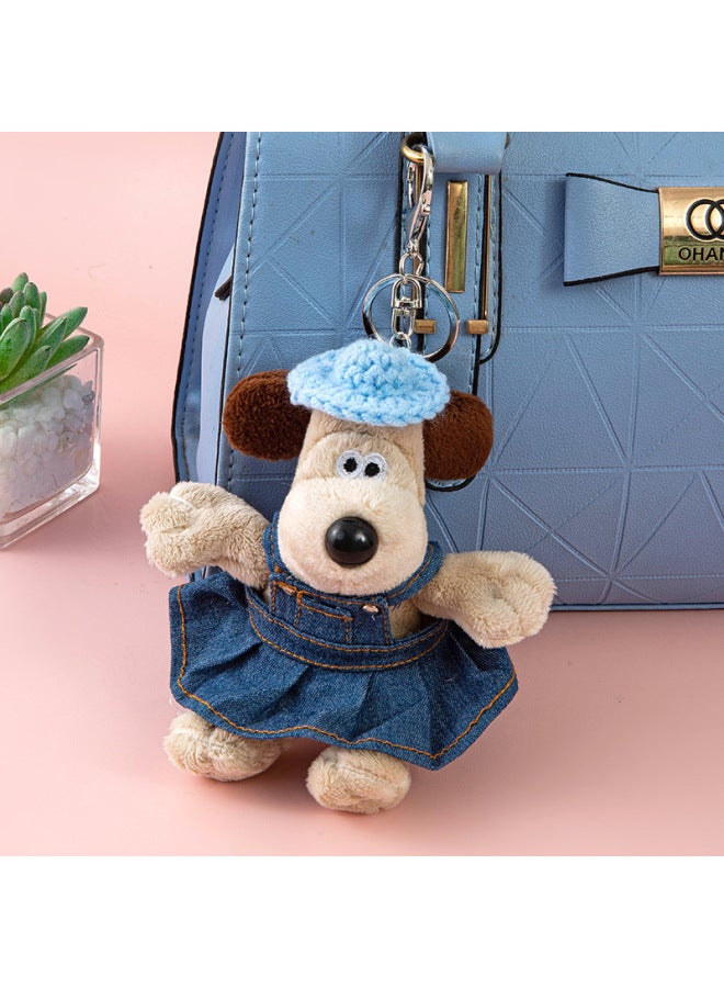Cute Dog Doll Clothes Plush Toy Keychain Car Interior Decoration Backpack Pendant Master Dog Gift-Color:15cm Denim Skirt Blue Wool Hat Puppy Keychain-Height:15cm  - Image 1