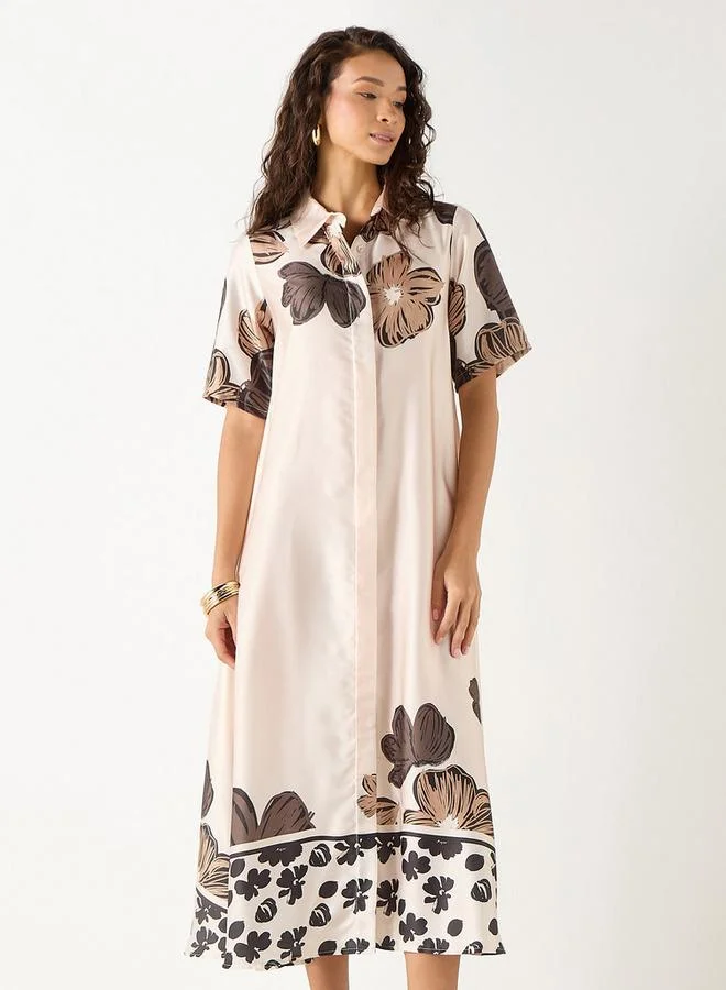 Iconic Iconic Floral Print Shirt Dress with Collar and Short Sleeves
