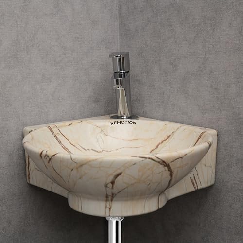 REMOTION Wall Mounted Wash Basin for Bathroom | Ceramic Wash Basin | Wall Hung Small Corner Wash Basin/Sink (16.3 x 13.8 x 4.3 Inch) (Designer Beige Maroon) - Image 4