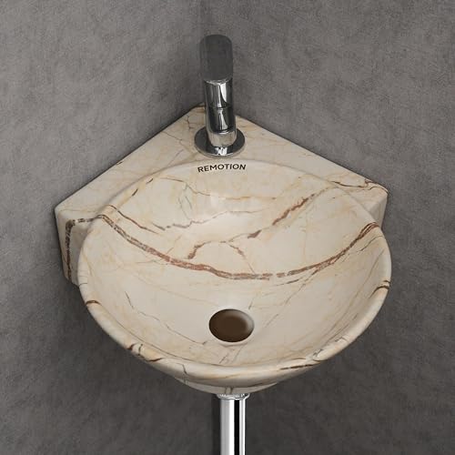 REMOTION Wall Mounted Wash Basin for Bathroom | Ceramic Wash Basin | Wall Hung Small Corner Wash Basin/Sink (16.3 x 13.8 x 4.3 Inch) (Designer Beige Maroon) - Image 2