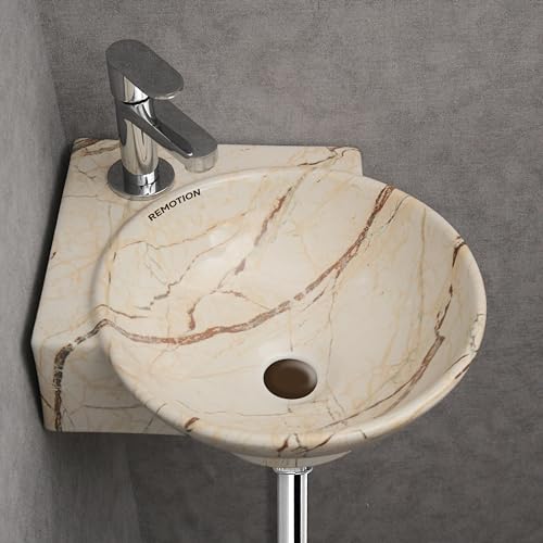 REMOTION Wall Mounted Wash Basin for Bathroom | Ceramic Wash Basin | Wall Hung Small Corner Wash Basin/Sink (16.3 x 13.8 x 4.3 Inch) (Designer Beige Maroon) - Image 1