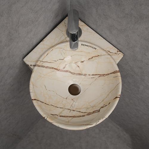 REMOTION Wall Mounted Wash Basin for Bathroom | Ceramic Wash Basin | Wall Hung Small Corner Wash Basin/Sink (16.3 x 13.8 x 4.3 Inch) (Designer Beige Maroon) - Image 3