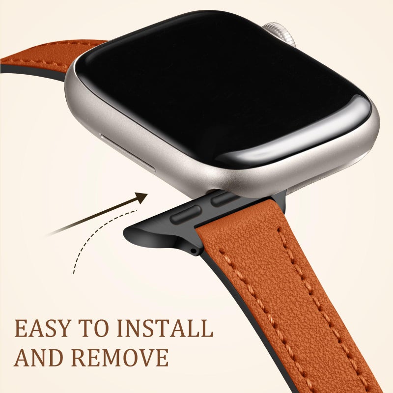 Charlam Compatible with Apple Watch Bands for Women 41mm 40mm 38mm 42mm 44mm 45mm 46mm,Top Grain Soft Leather Bands Slim Wristband for iWatch SE, iWatch Series 11 10 9 8 7 6 5 4 3 2 1,London Tan/Black - Image 4