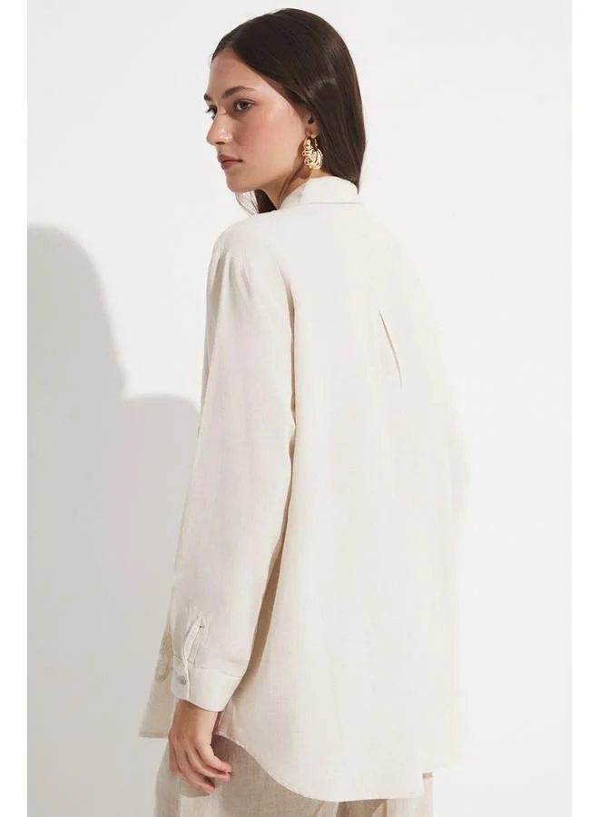 JUNE June Women Exclusive Oversize/Loose Fit Linen Blend Embroidered Detail Shirt Stone