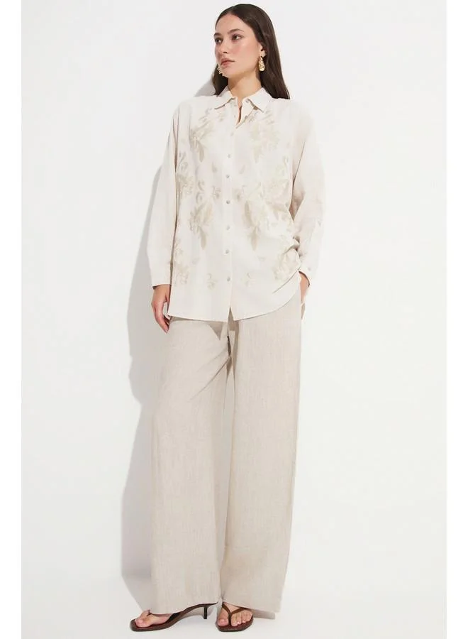 JUNE June Women Exclusive Oversize/Loose Fit Linen Blend Embroidered Detail Shirt Stone