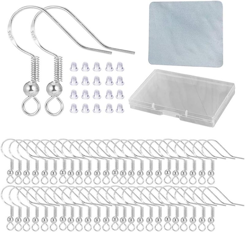 DIYEAR Silver Hypo-allergenic Earring Hooks - 120 Pcs /60 Pairs S925 Sterling Silver Plated Ear Wires Fish Hooks for Jewelry Making, Jewelry Findings Parts with Rubber Earring Backs Stopper for DIY Earrings - Image 1