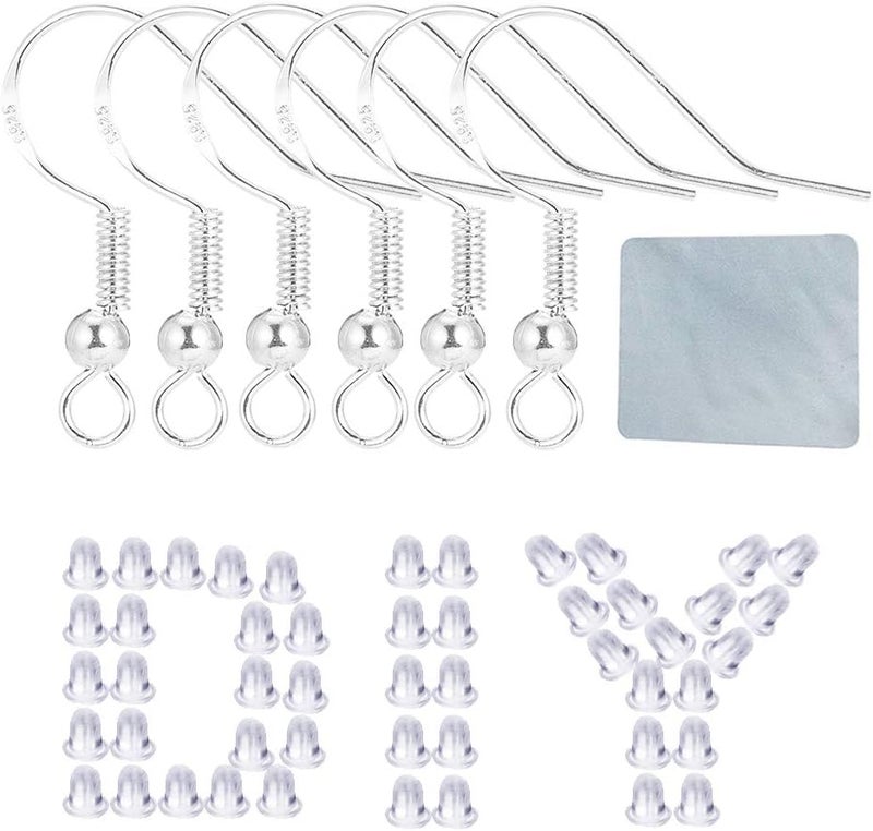 DIYEAR Silver Hypo-allergenic Earring Hooks - 120 Pcs /60 Pairs S925 Sterling Silver Plated Ear Wires Fish Hooks for Jewelry Making, Jewelry Findings Parts with Rubber Earring Backs Stopper for DIY Earrings - Image 2