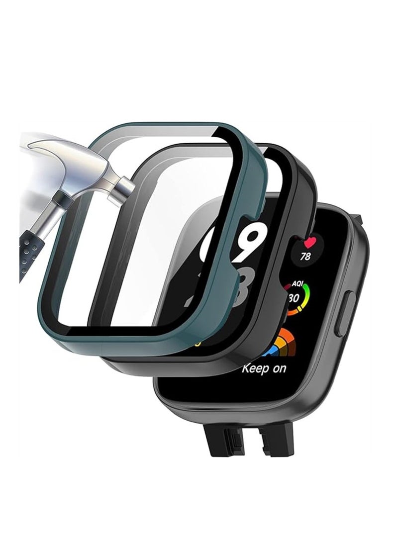 2 Pcs Case With Tempered Glass Screen Protector Compatible for Xiaomi Redmi Watch 3 9H Hardness All-round Protective Cover Ultra-thin Protective PC Case Cover Green and Black - Image 1
